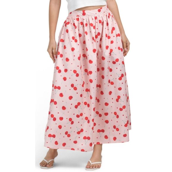 NWT US TOGETHER Cherry Printed Poplin Pink Elastic Waist Maxi Skirt Size Large - Picture 1 of 2